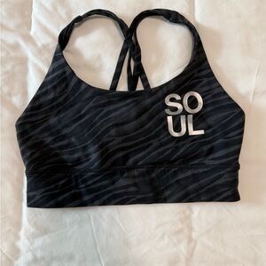 soulcycle lululemon collab Black Zebra-Print Sports Bra with Silver SOUL Logo